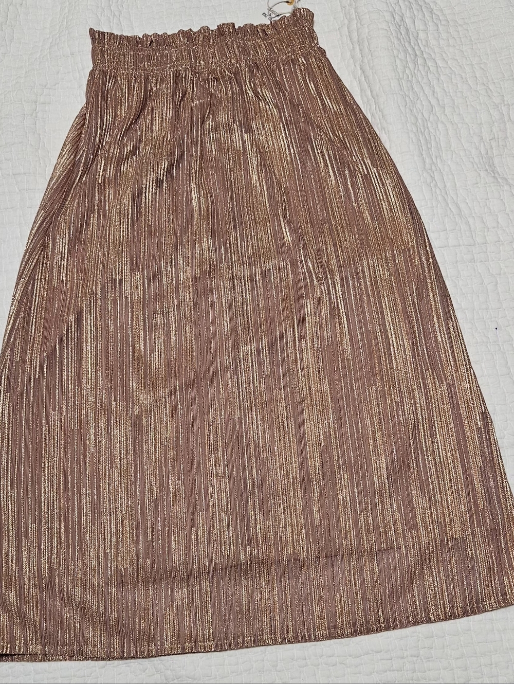 Love Riche Metallic Rose Gold Pleated Midi Skirt